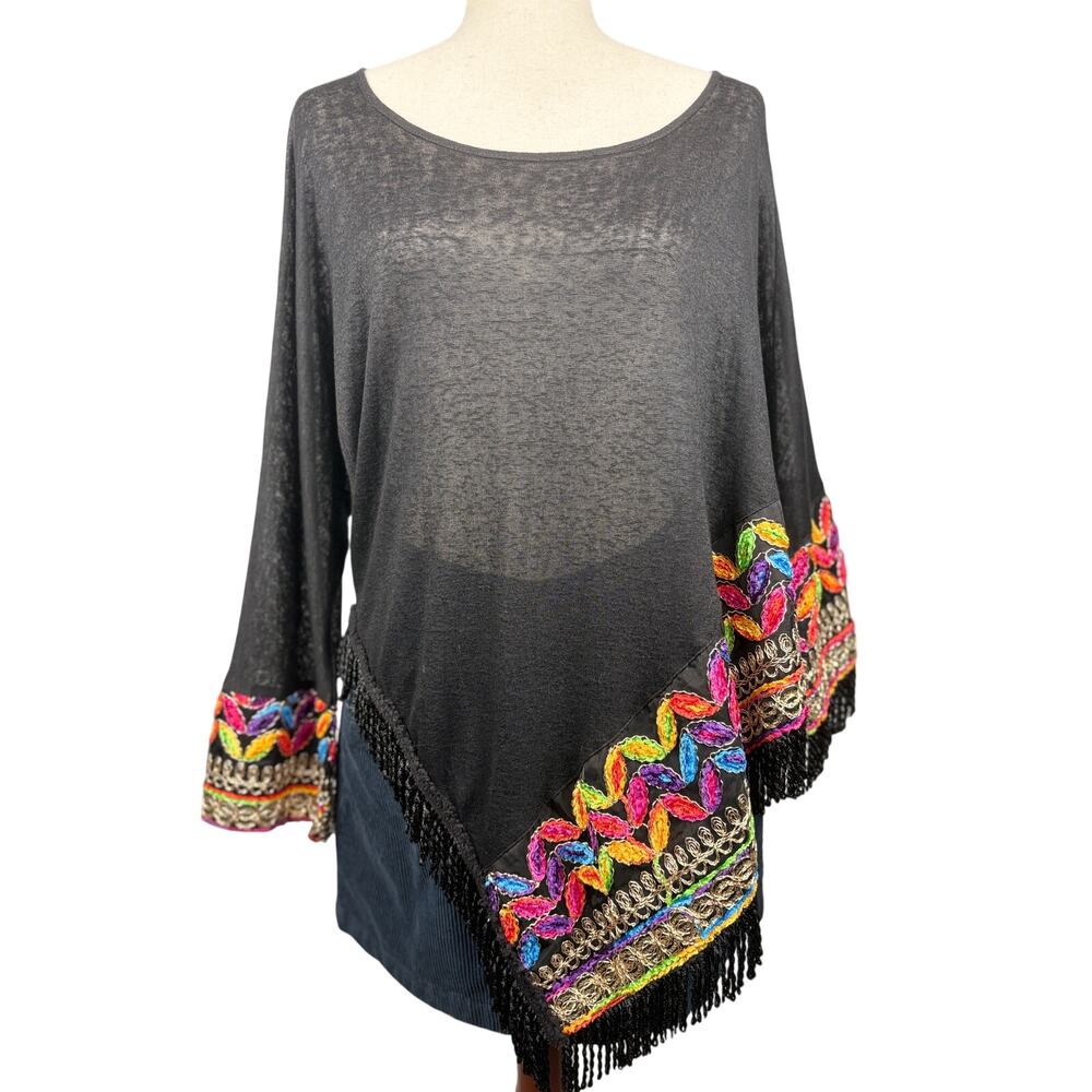 Adore Boho Poncho Top Embroidered Fringe Black Size L